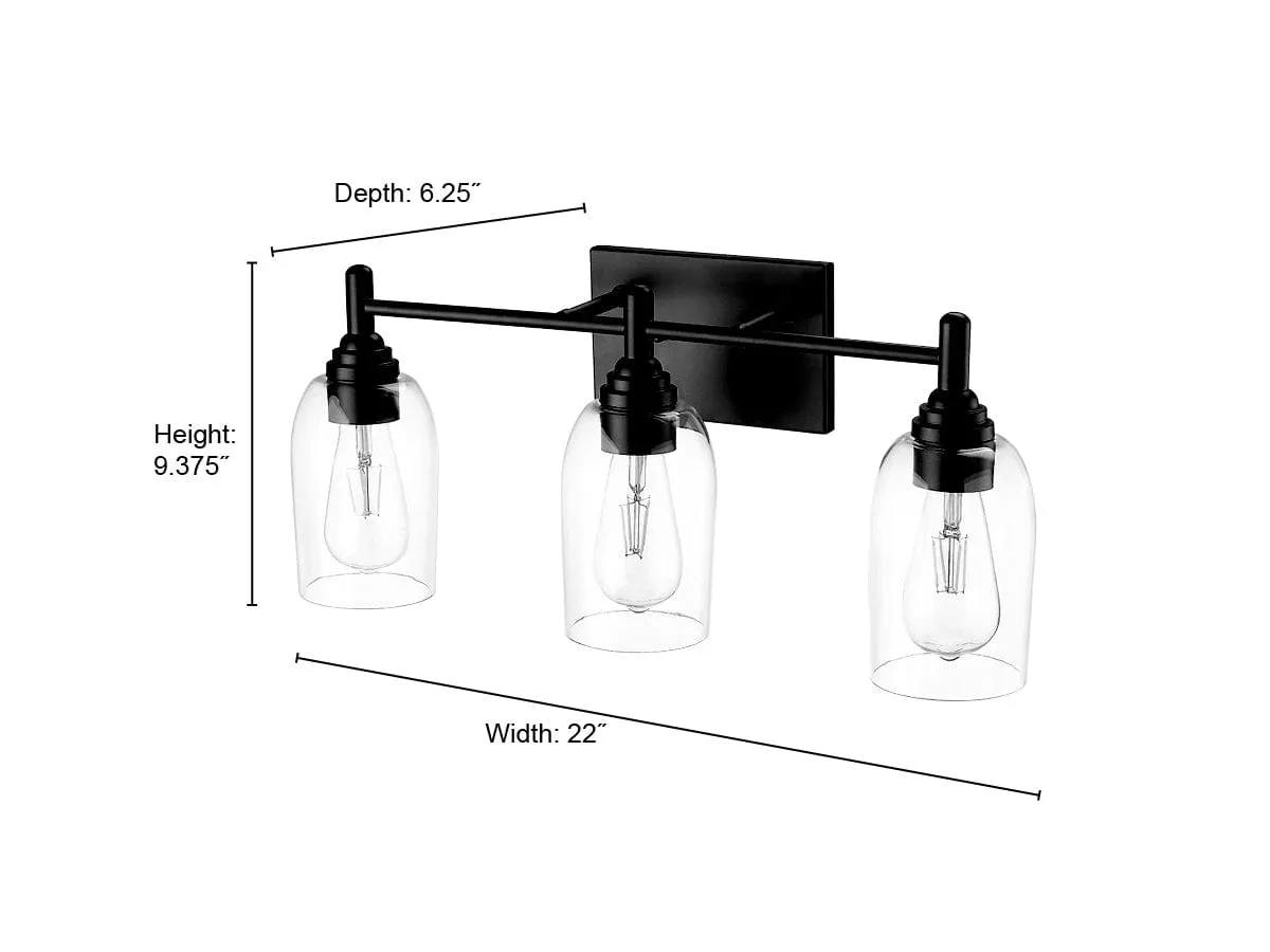 3 Lamps Arlett Vanity Light - Matte Black - Clear Glass - 22in. Wide