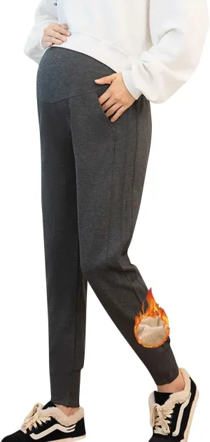 Autumn Winter Over Bump Maternity Fleece Sherpa Lined Sweatpants for Pregnant Women