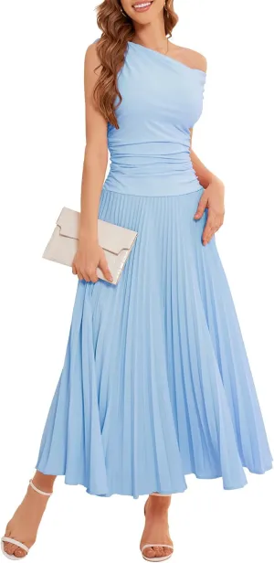 Bbonlinedress Formal Maxi Prom One Shoulder Pleated Cocktail Dress Women Wedding Guest Summer Daily Long Party Dresses