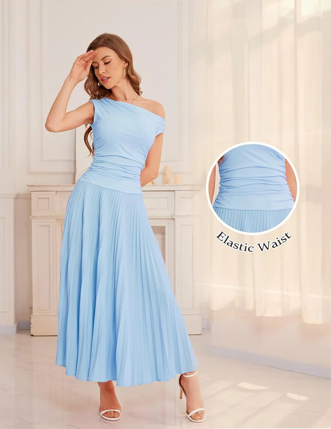 Bbonlinedress Formal Maxi Prom One Shoulder Pleated Cocktail Dress Women Wedding Guest Summer Daily Long Party Dresses