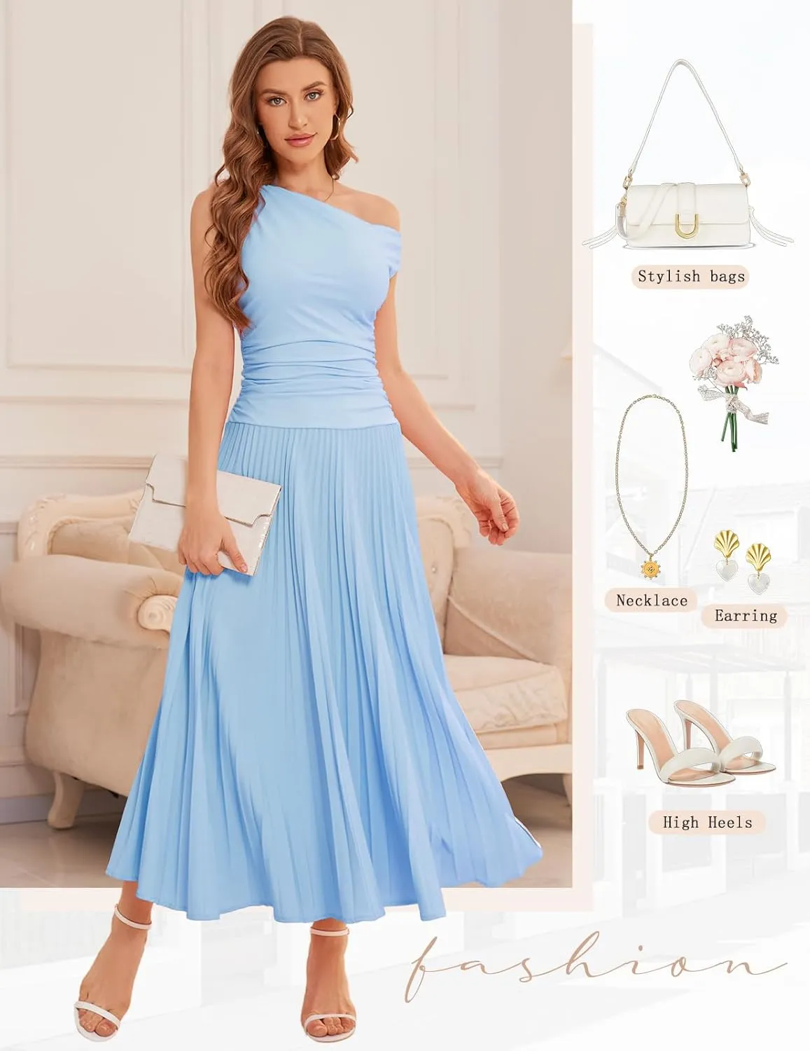 Bbonlinedress Formal Maxi Prom One Shoulder Pleated Cocktail Dress Women Wedding Guest Summer Daily Long Party Dresses