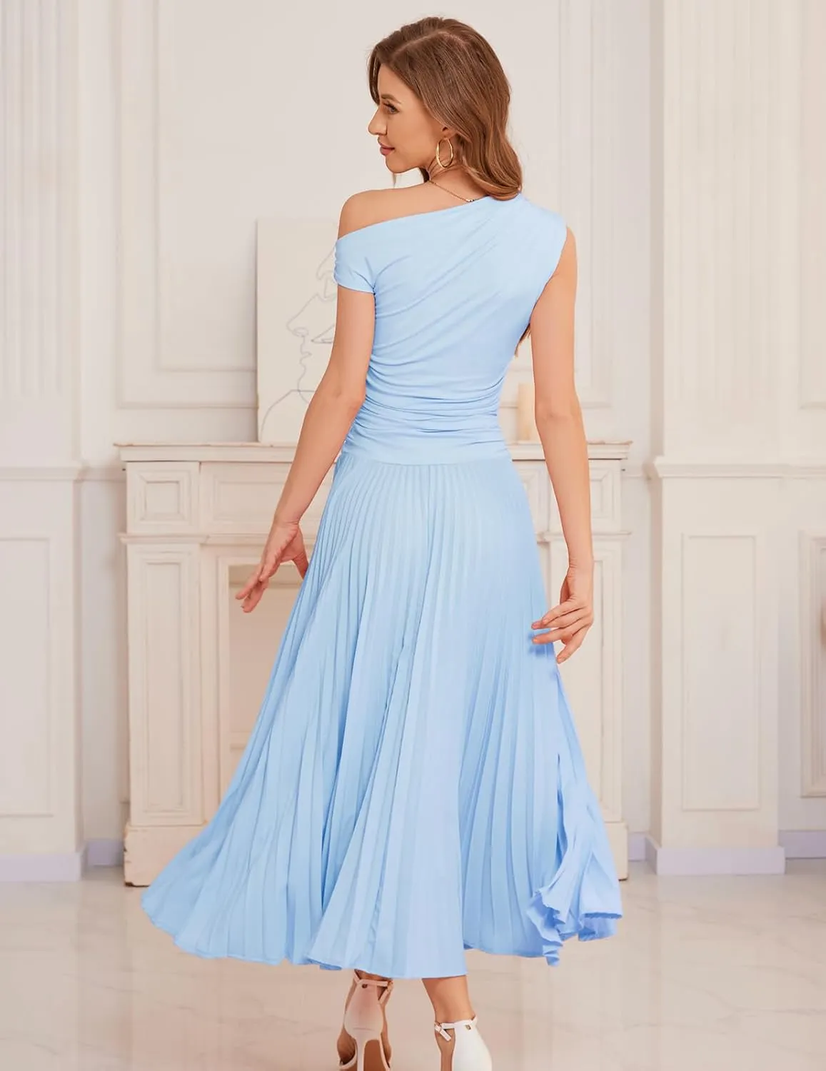 Bbonlinedress Formal Maxi Prom One Shoulder Pleated Cocktail Dress Women Wedding Guest Summer Daily Long Party Dresses