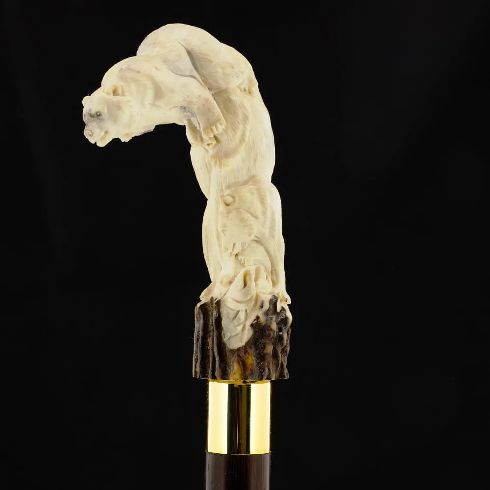 Bear Family Intricate Carved Bone Handle Collector Cane w/Custom Shaft and Collar