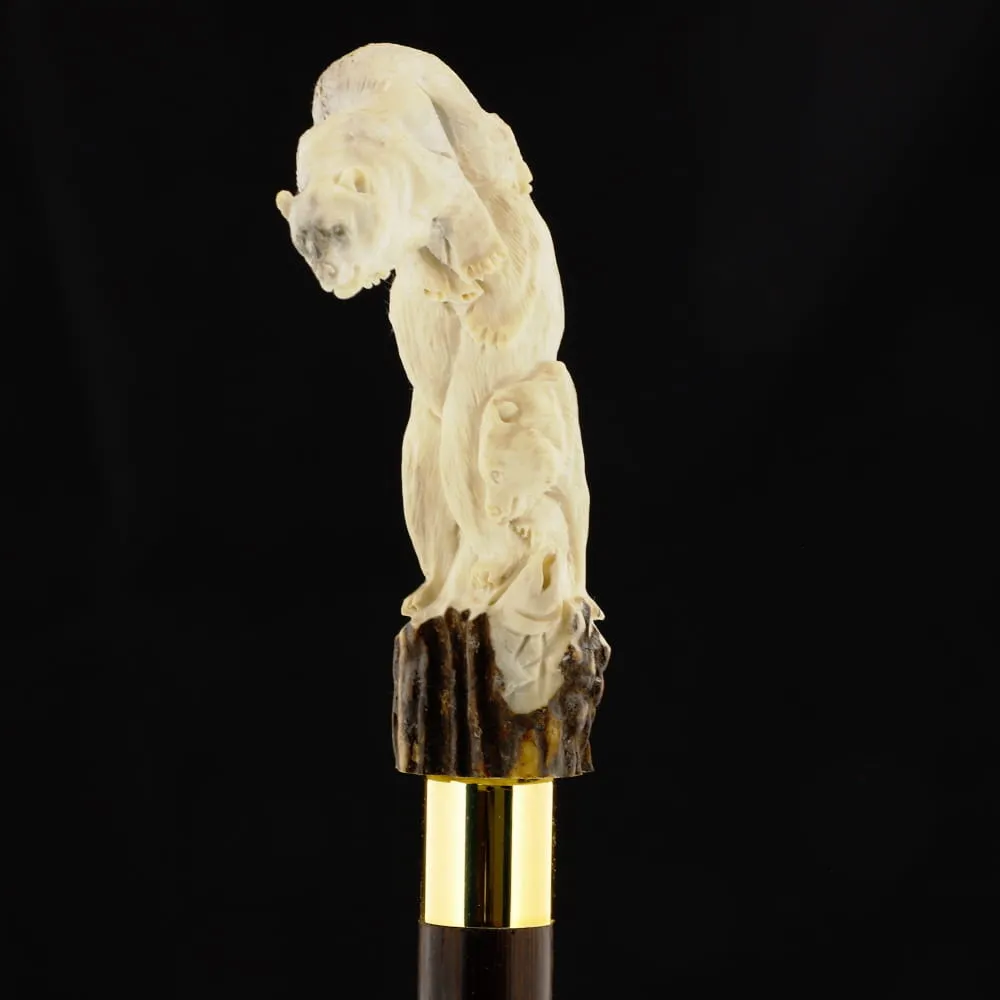 Bear Family Intricate Carved Bone Handle Collector Cane w/Custom Shaft and Collar
