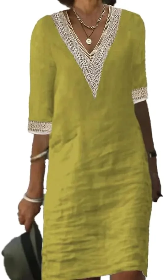 Bengbobar Womens Summer V Neck Linen Dress Loose Half Sleeve Solid Linen Dress Casual Classic Comfort Daily Wear Party Dress