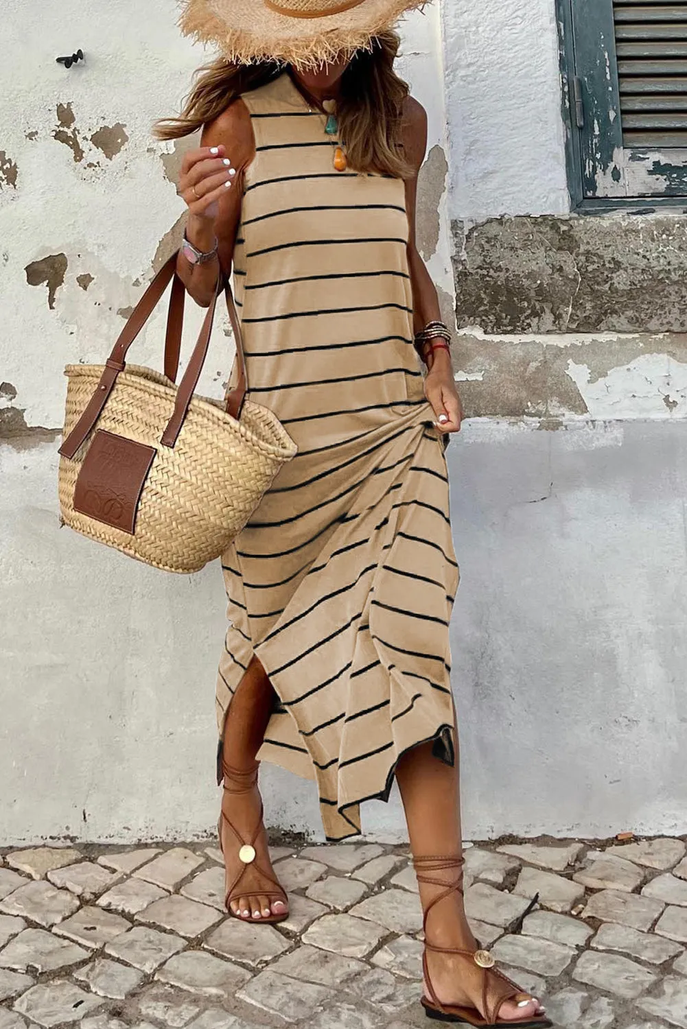 Black Stripe Print Open Back Sleeveless Maxi Dress With Slits