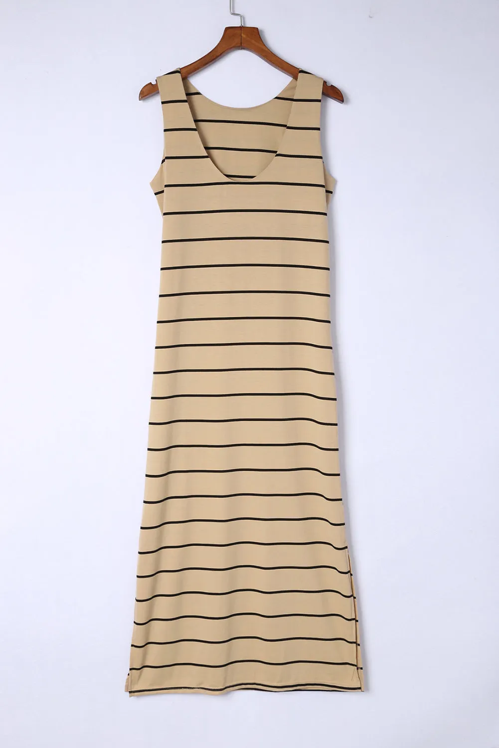 Black Stripe Print Open Back Sleeveless Maxi Dress With Slits
