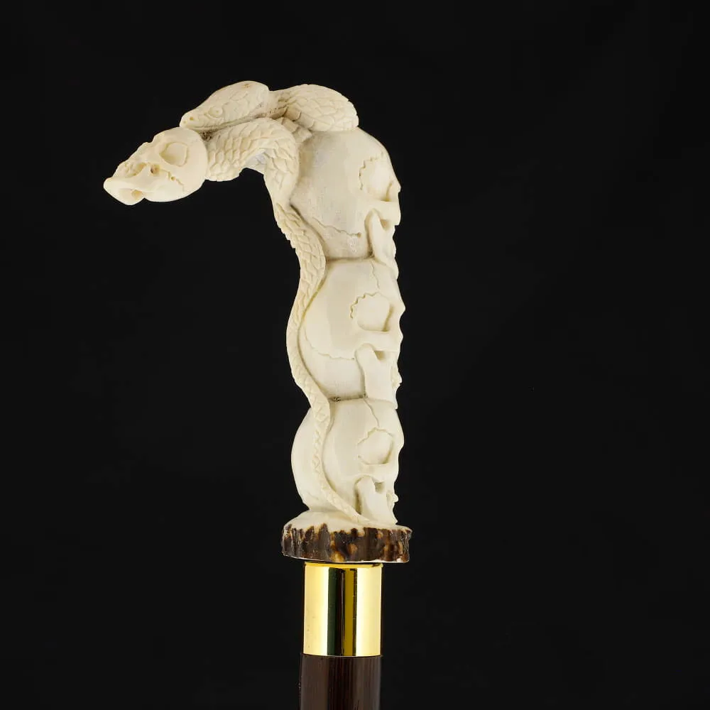 Carved Cycle of Life: Skull/Snake Bone Handle Cane - Limited Supply