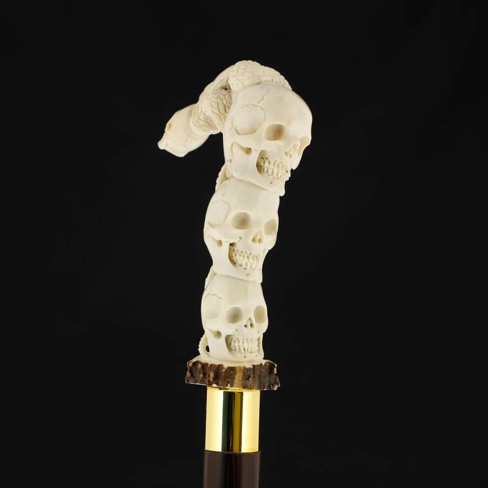 Carved Cycle of Life: Skull/Snake Bone Handle Cane - Limited Supply