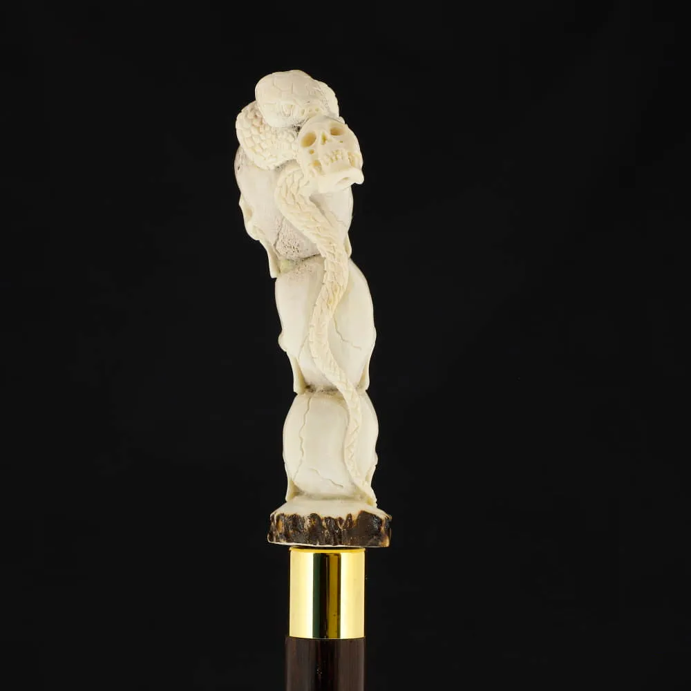 Carved Cycle of Life: Skull/Snake Bone Handle Cane - Limited Supply