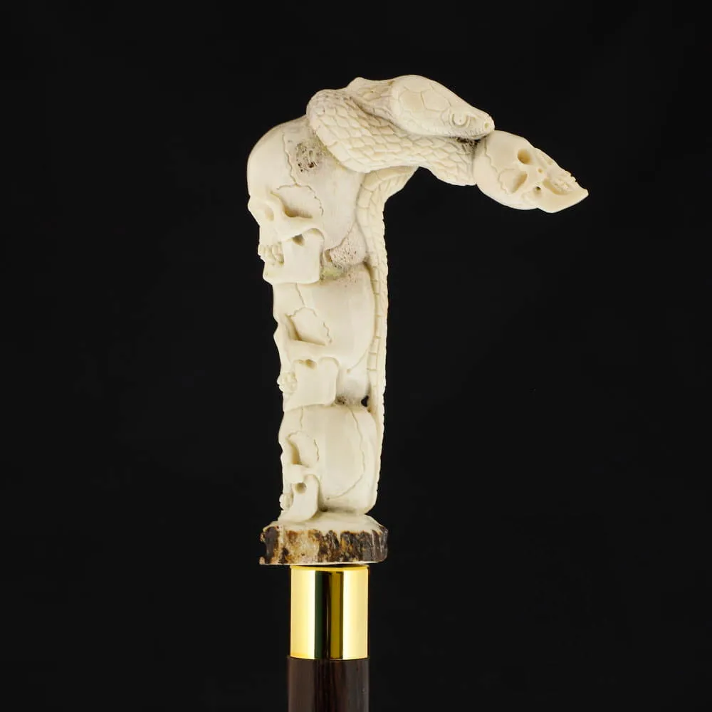 Carved Cycle of Life: Skull/Snake Bone Handle Cane - Limited Supply