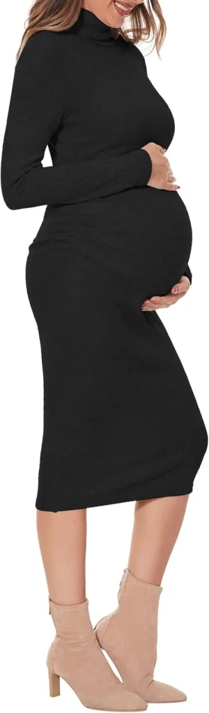 Classic-Fit Ribbed Knit Turtleneck Maternity Dress/Side Ruched Bodycon Dress Daily Fall