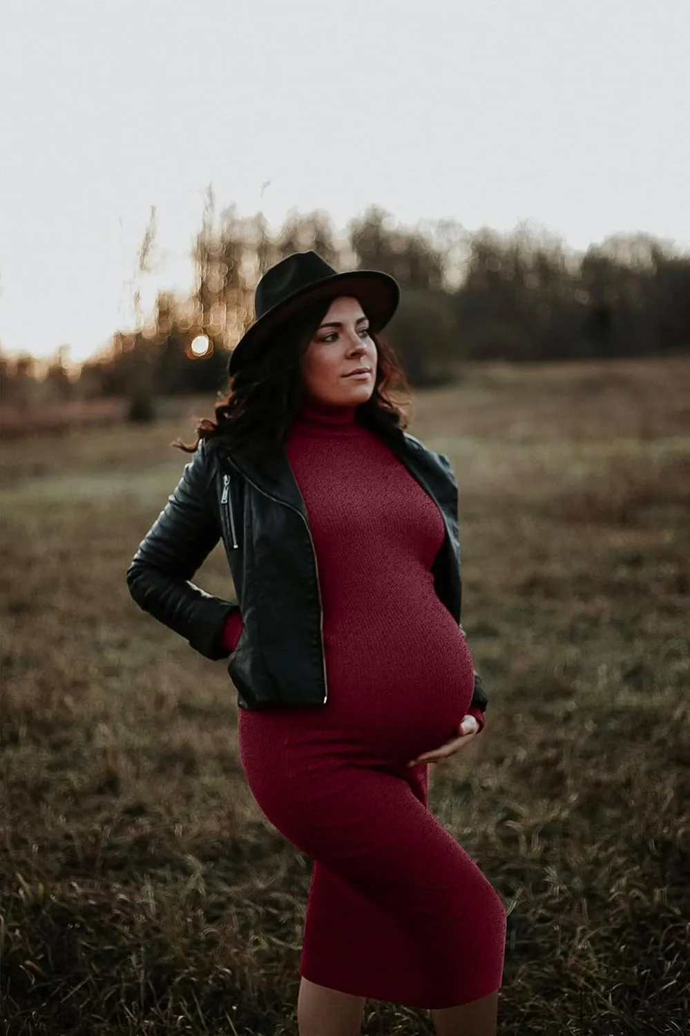 Classic-Fit Ribbed Knit Turtleneck Maternity Dress/Side Ruched Bodycon Dress Daily Fall