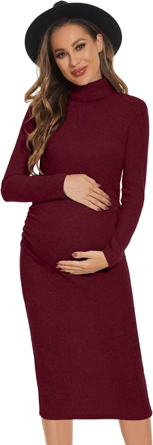 Classic-Fit Ribbed Knit Turtleneck Maternity Dress/Side Ruched Bodycon Dress Daily Fall