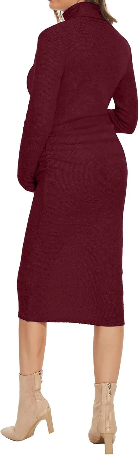 Classic-Fit Ribbed Knit Turtleneck Maternity Dress/Side Ruched Bodycon Dress Daily Fall