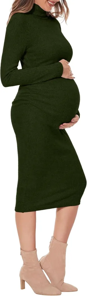 Classic-Fit Ribbed Knit Turtleneck Maternity Dress/Side Ruched Bodycon Dress Daily Fall