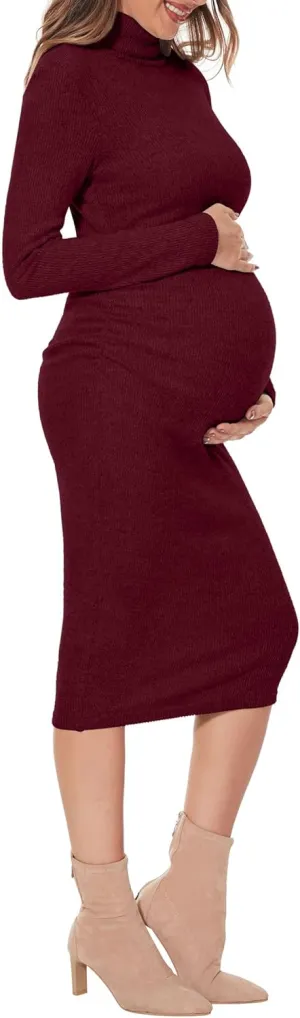 Classic-Fit Ribbed Knit Turtleneck Maternity Dress/Side Ruched Bodycon Dress Daily Fall