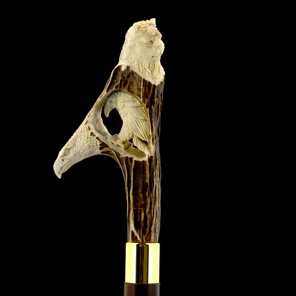 Command Attention: Warriors Eagle/Lion Bone Handle Walking Cane with Custom Shaft and Collar