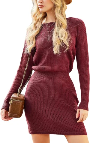 CUPSHE Women's Rib Knit Fall Pullover Sweater Dress One Shoulder Banded Waist Long Sleeve Bodycon Mini Winter Dresses