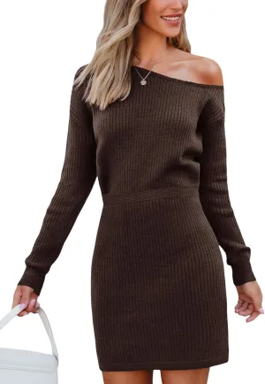 CUPSHE Women's Rib Knit Fall Pullover Sweater Dress One Shoulder Banded Waist Long Sleeve Bodycon Mini Winter Dresses