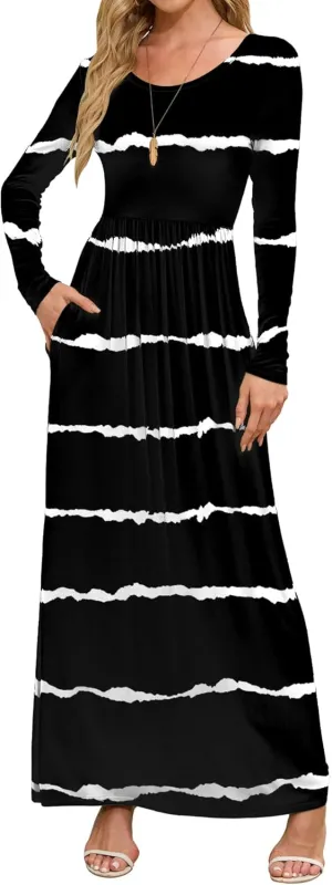 DEARCASE Women's Maxi Dress Long Sleeve Crewneck Loose Plain Casual Empire Waist Fall Party Long Dresses with Pockets