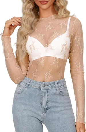 Diosun Womens Mesh Sheer Tops Long/Short Sleeve Mock Neck Sexy See Through Shirts Lace Floral Blouses Y2K Layering Top