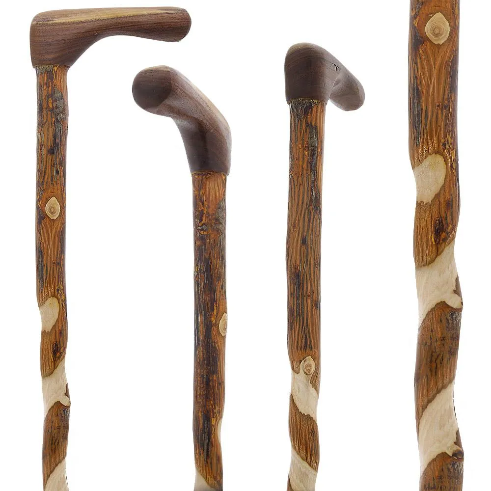Elegant Spiral & Natural Bark Cane: Hickory & Walnut Craft