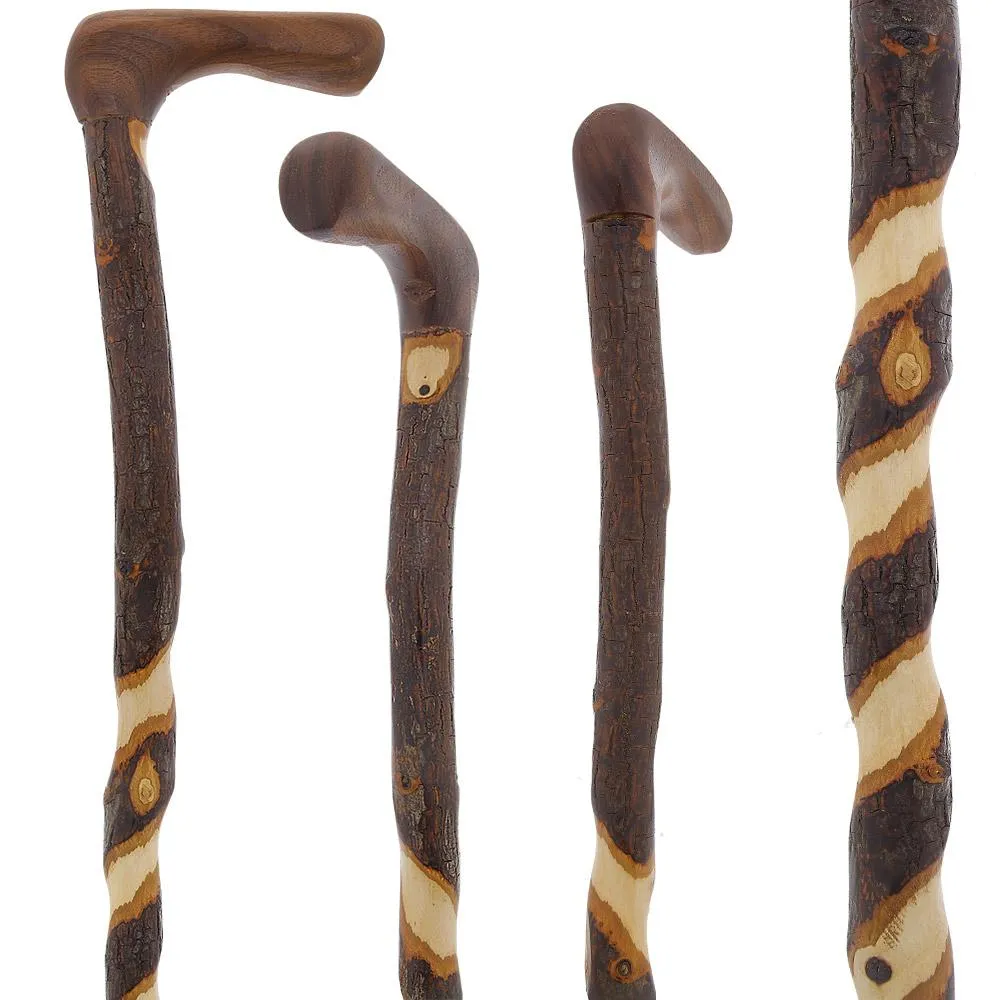Elegant Spiral & Natural Bark Cane: Hickory & Walnut Craft