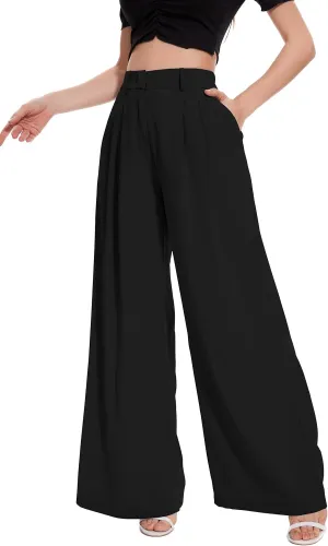 FUNYYZO Women Palazzo Pants High Elastic Waisted Business Work Long Trousers Wide Leg Loose Casual Pants