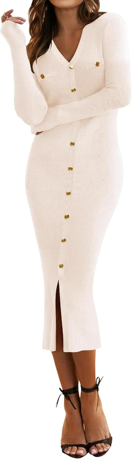 HAEOF Women's 2025 Fall Trendy Midi Sweater Dress Dressy Casual V Neck Long Sleeve Ribbed Knit Winter Formal Bodycon Dresses