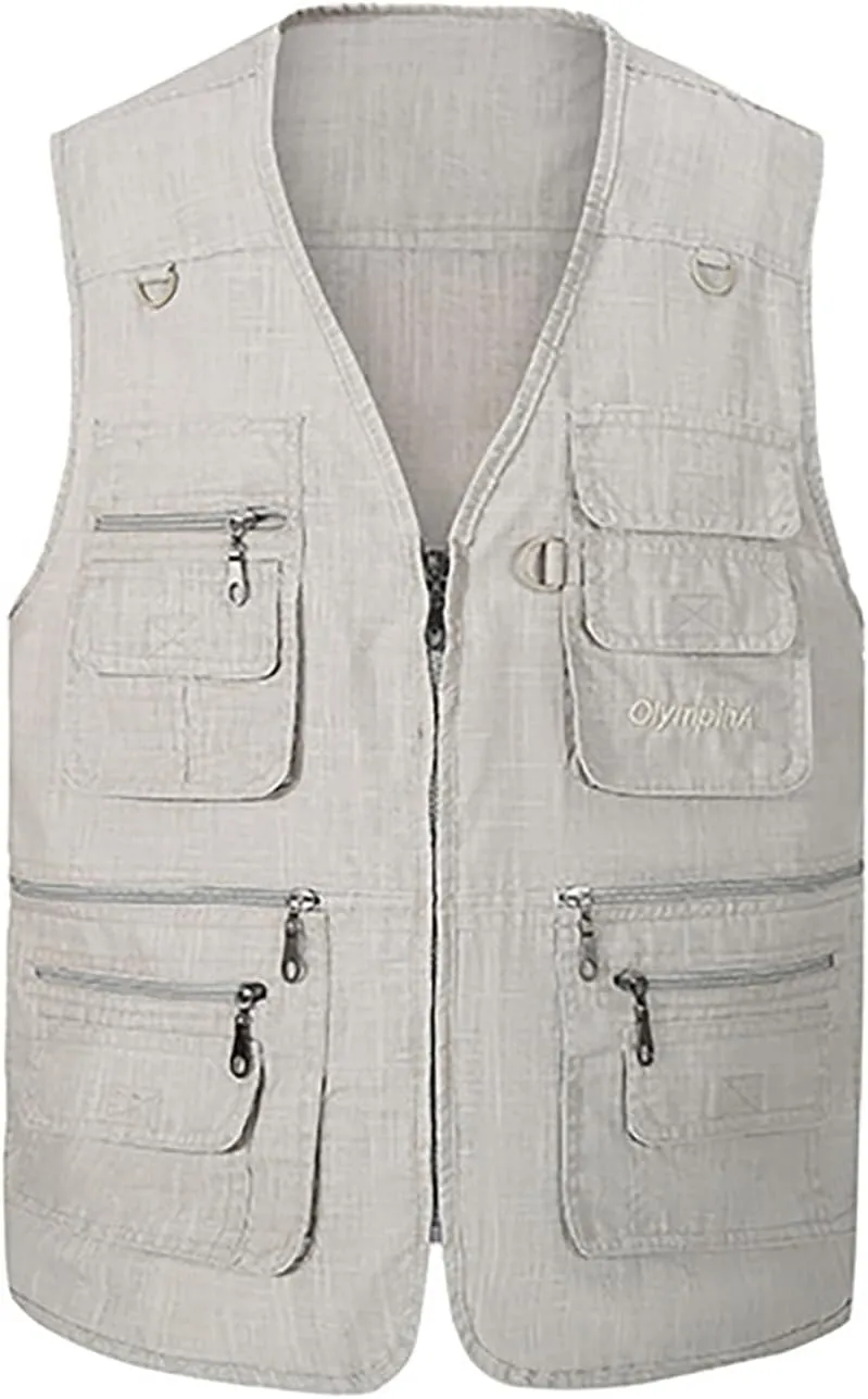 Hbufnha Men's Casual Safari Travel Vest 16 Pockets Outdoor Work Vest Sleeveless Jacket Fishing Hiking Photograph