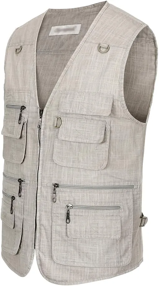 Hbufnha Men's Casual Safari Travel Vest 16 Pockets Outdoor Work Vest Sleeveless Jacket Fishing Hiking Photograph