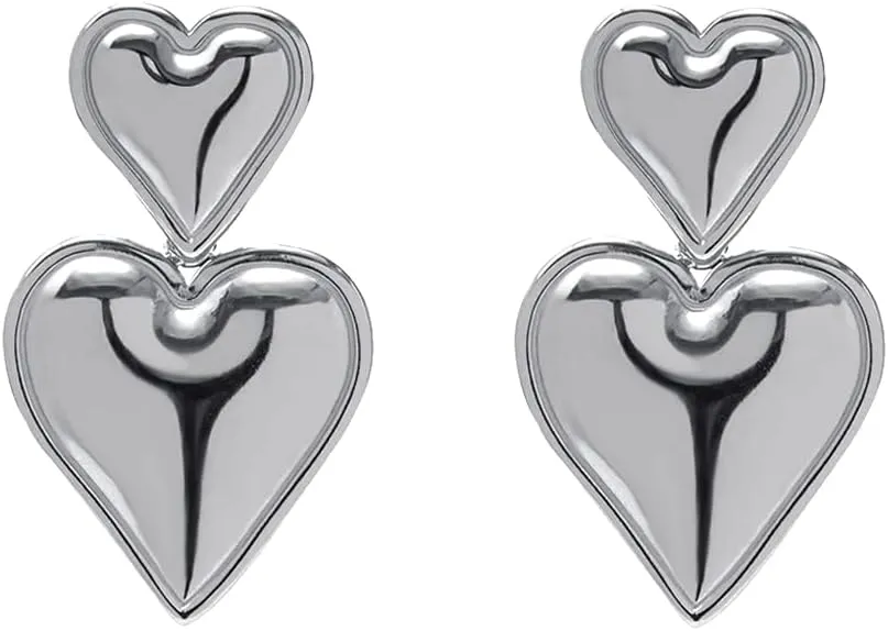 Heart Drop Earrings Double Heart Statement Dangle Earrings for Women Gold Silver