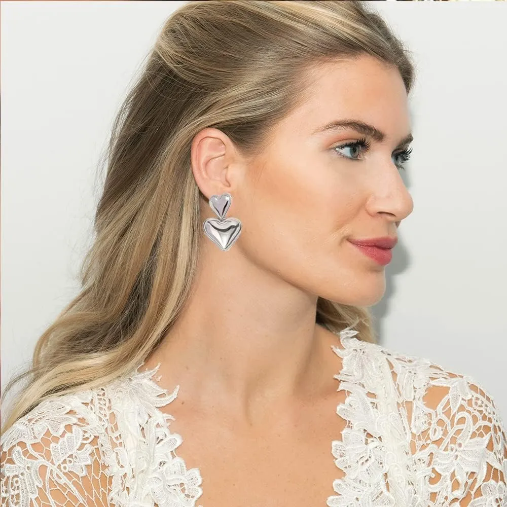 Heart Drop Earrings Double Heart Statement Dangle Earrings for Women Gold Silver