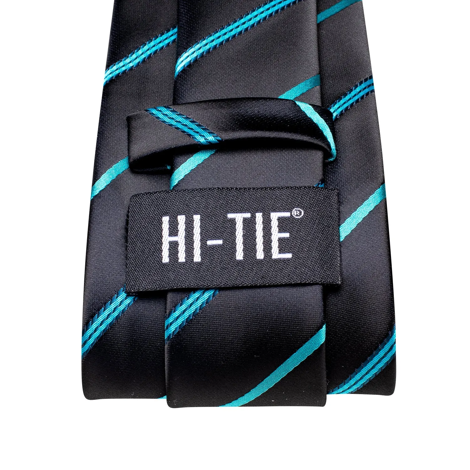 Hi-Tie Black Necktie Blue Stripes Mens Tie Pocket Square Cufflinks Set