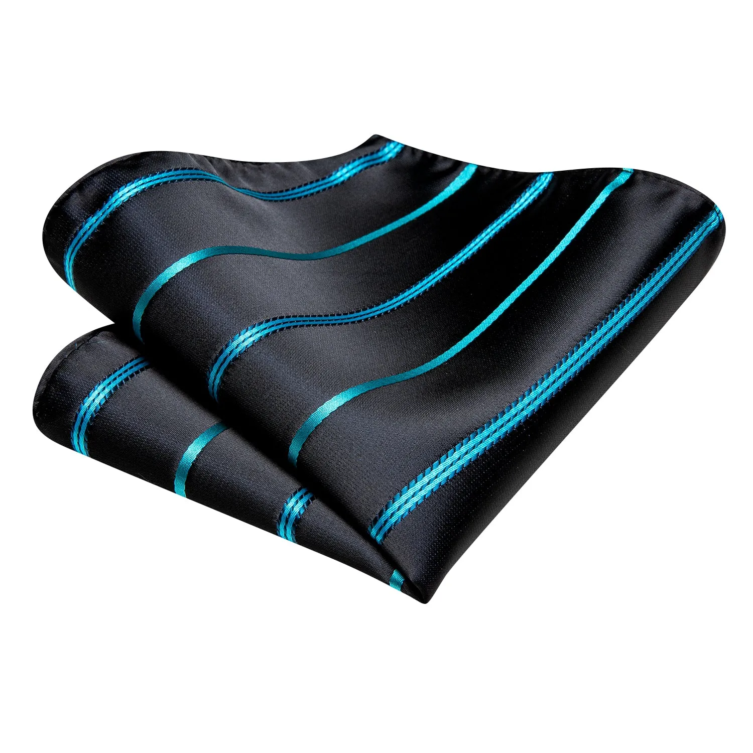 Hi-Tie Black Necktie Blue Stripes Mens Tie Pocket Square Cufflinks Set