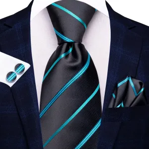 Hi-Tie Black Necktie Blue Stripes Mens Tie Pocket Square Cufflinks Set