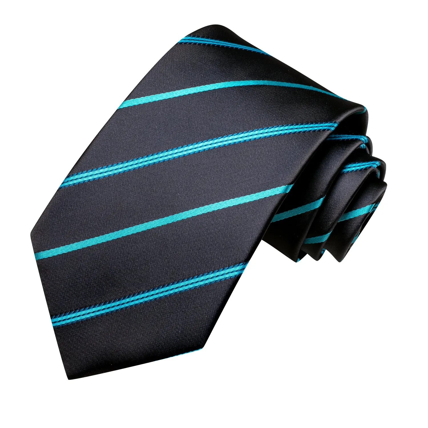 Hi-Tie Black Necktie Blue Stripes Mens Tie Pocket Square Cufflinks Set