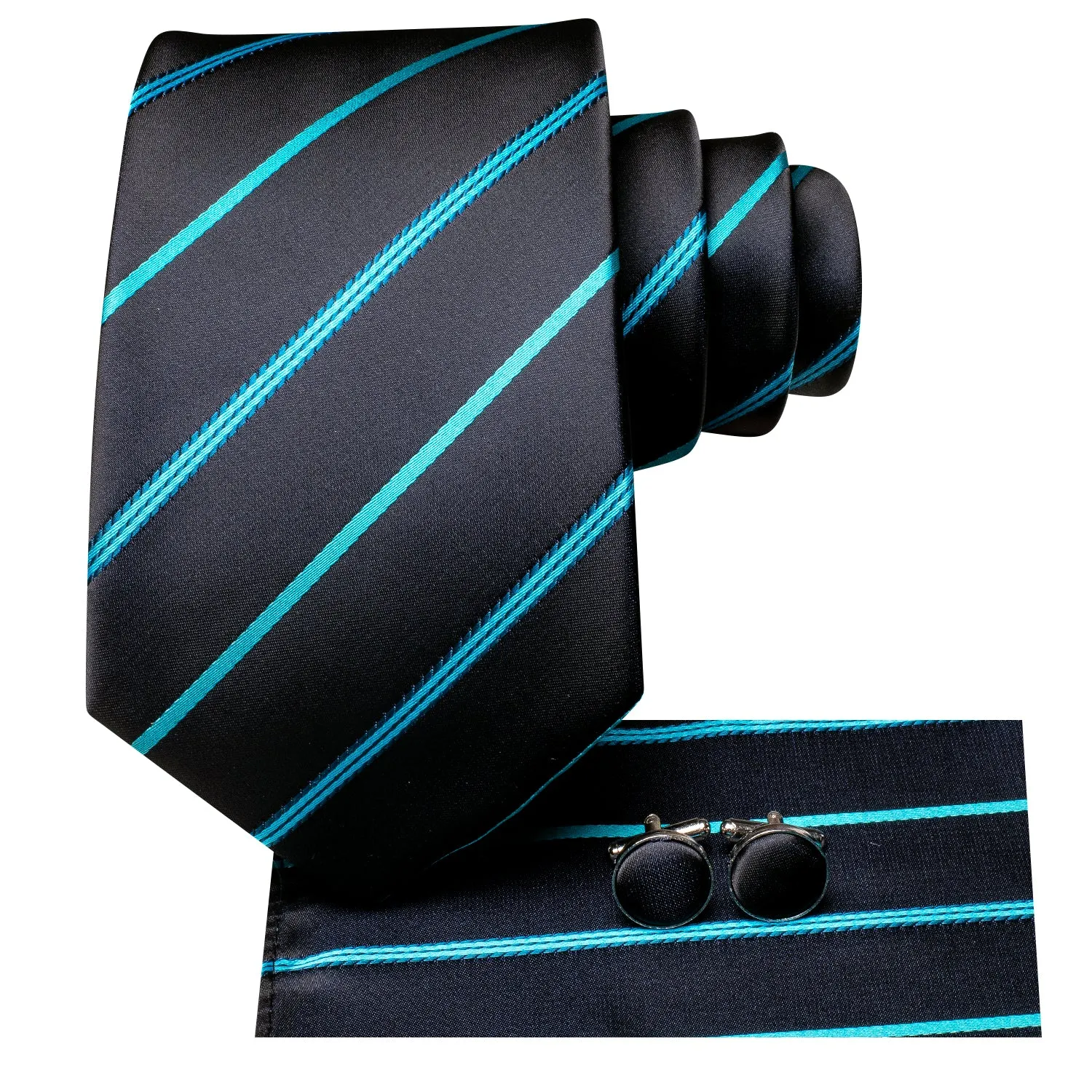 Hi-Tie Black Necktie Blue Stripes Mens Tie Pocket Square Cufflinks Set
