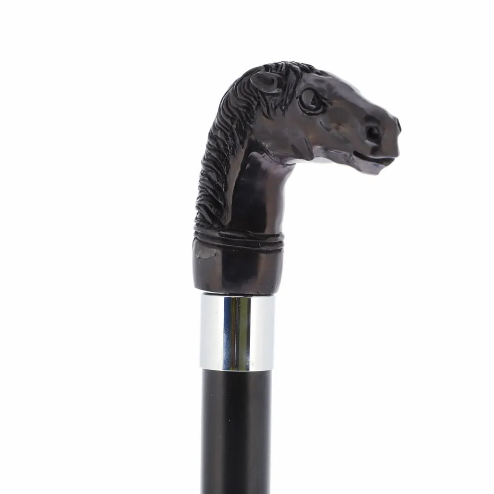 Horse Carving Dark Buffalo Horn Bone Handle Collector Cane w/Custom Shaft and Collar