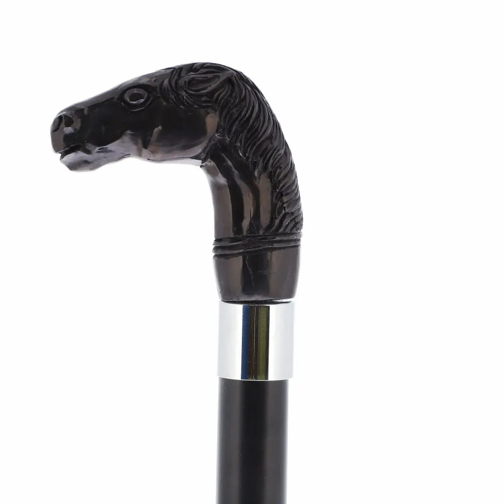 Horse Carving Dark Buffalo Horn Bone Handle Collector Cane w/Custom Shaft and Collar
