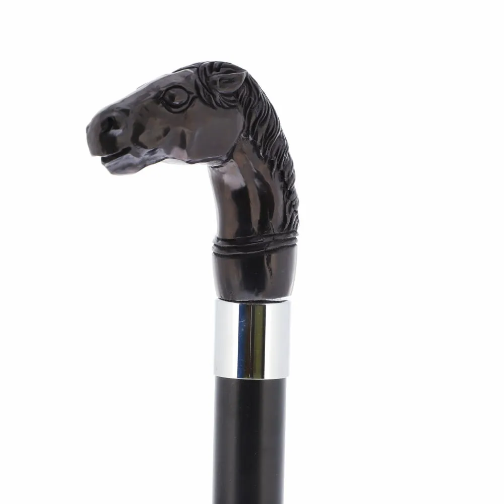 Horse Carving Dark Buffalo Horn Bone Handle Collector Cane w/Custom Shaft and Collar