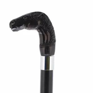 Horse Carving Dark Buffalo Horn Bone Handle Collector Cane w/Custom Shaft and Collar