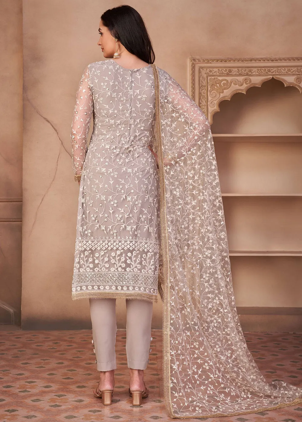 Light Grey Mono Net Festival Wear Pant Suit