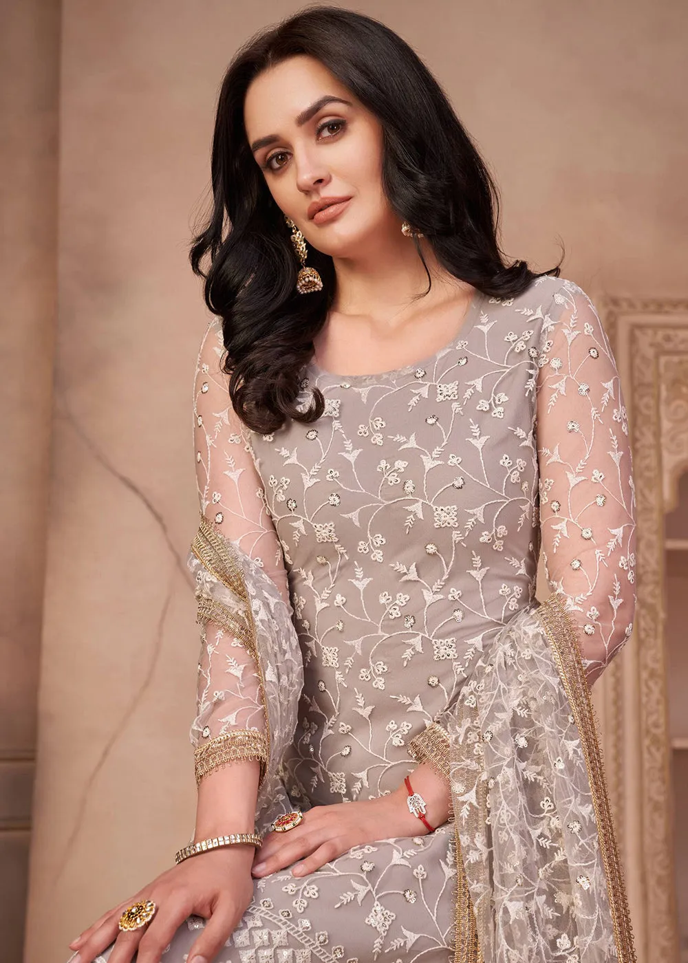 Light Grey Mono Net Festival Wear Pant Suit