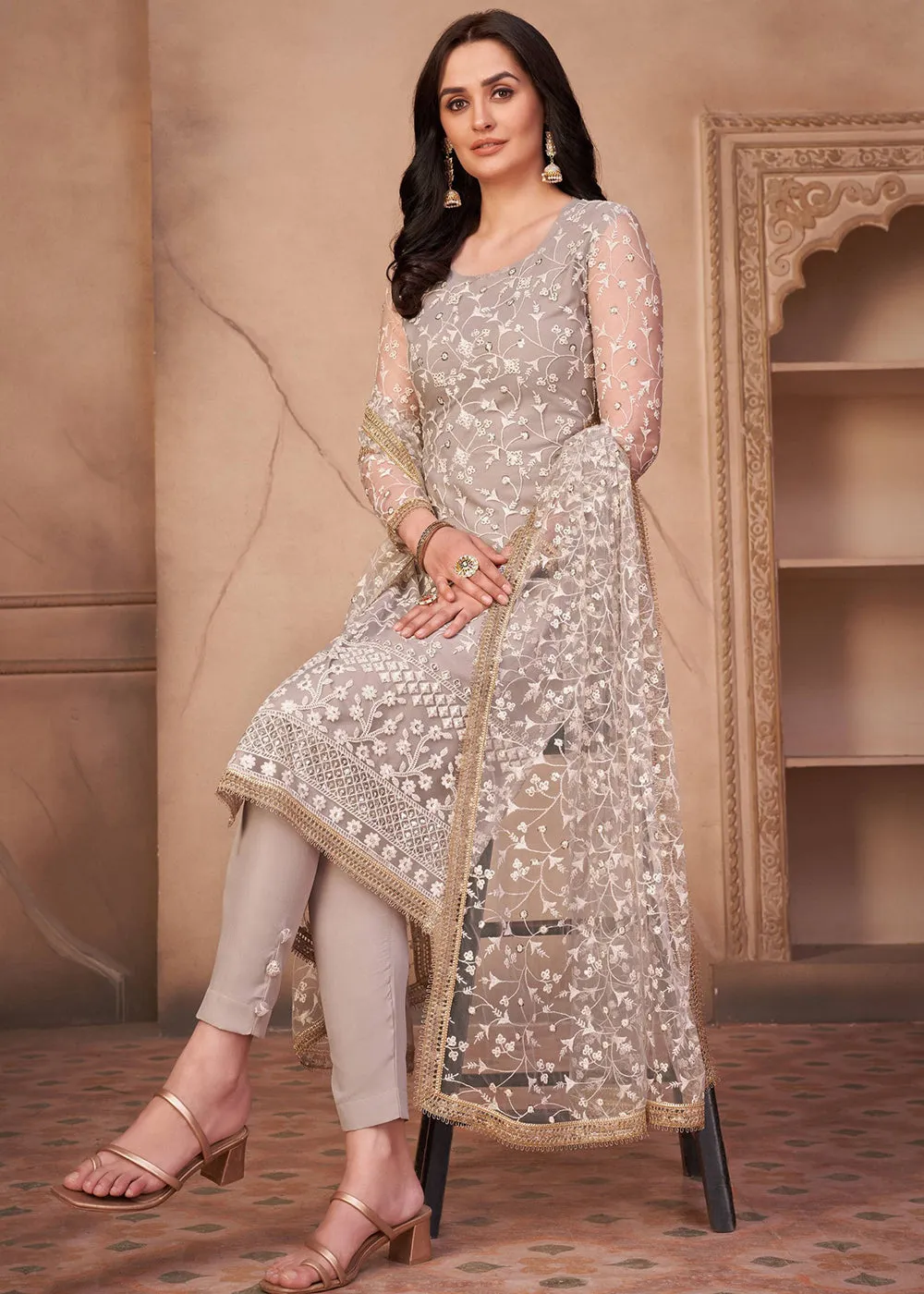 Light Grey Mono Net Festival Wear Pant Suit
