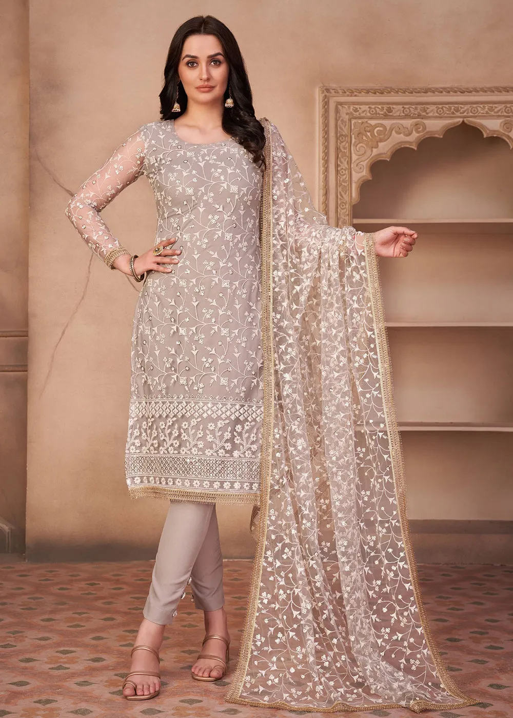 Light Grey Mono Net Festival Wear Pant Suit