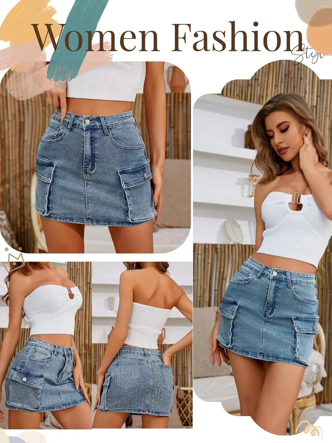 Low Waist Denim Skirts Jean Skirts with Pockets Y2K Mini Cargo Skirt Suitable for Women's Daily Leisure Travel