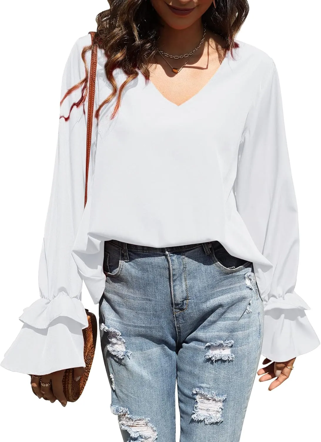 LYANER Women's Casual V Neck Tiered Ruffle Bell Long Sleeve Blouse Shirt Tunic Top