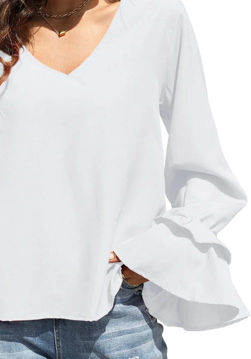 LYANER Women's Casual V Neck Tiered Ruffle Bell Long Sleeve Blouse Shirt Tunic Top